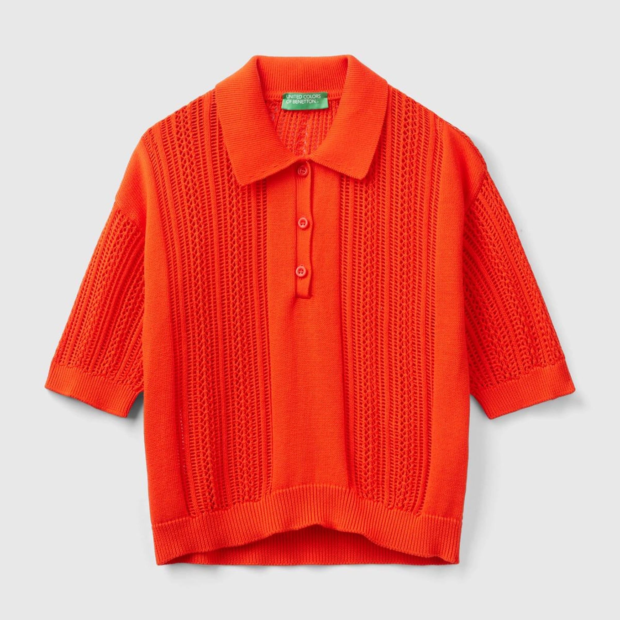 Kadın Nar Çiçeği %100 Pamuk Tığ İşi Kolları Büzgülü Polo Yaka Triko T-Shirt