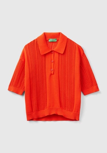  Kadın Nar Çiçeği %100 Pamuk Tığ İşi Kolları Büzgülü Polo Yaka Triko T-Shirt