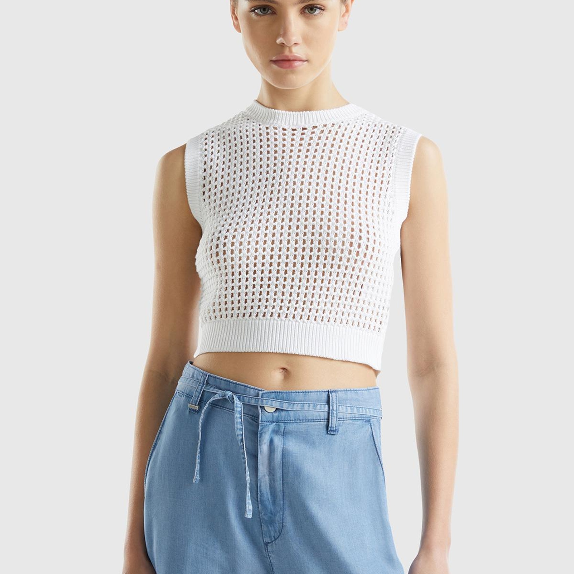 Kadın Beyaz %100 Pamuk Örgü Motifli Kalın Askılı Süveter