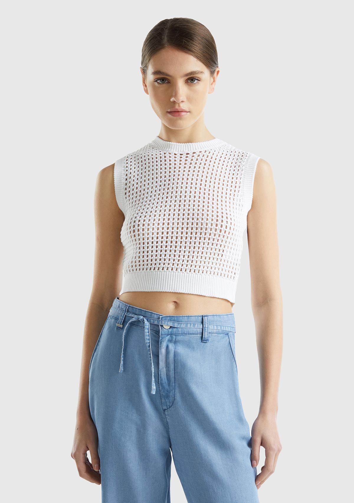  Kadın Beyaz %100 Pamuk Örgü Motifli Kalın Askılı Süveter