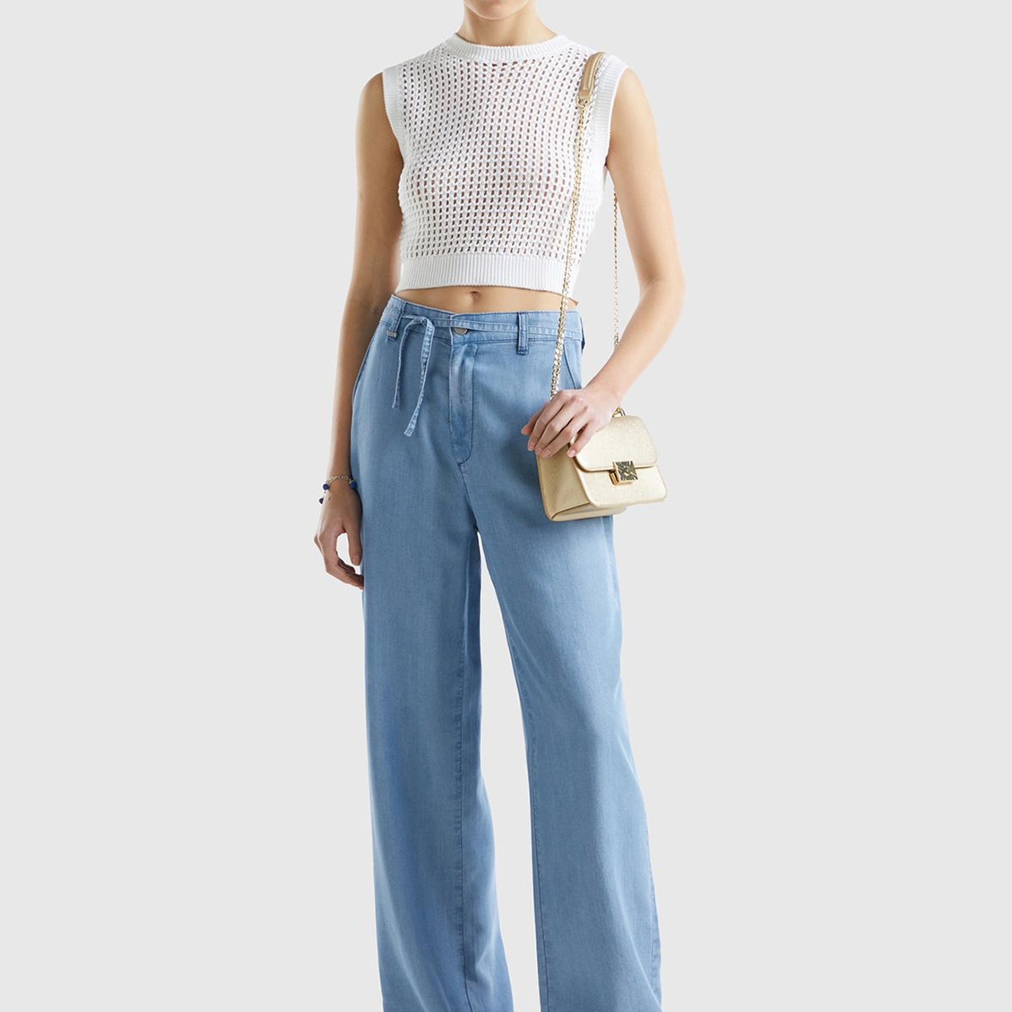 Kadın Beyaz %100 Pamuk Örgü Motifli Kalın Askılı Süveter