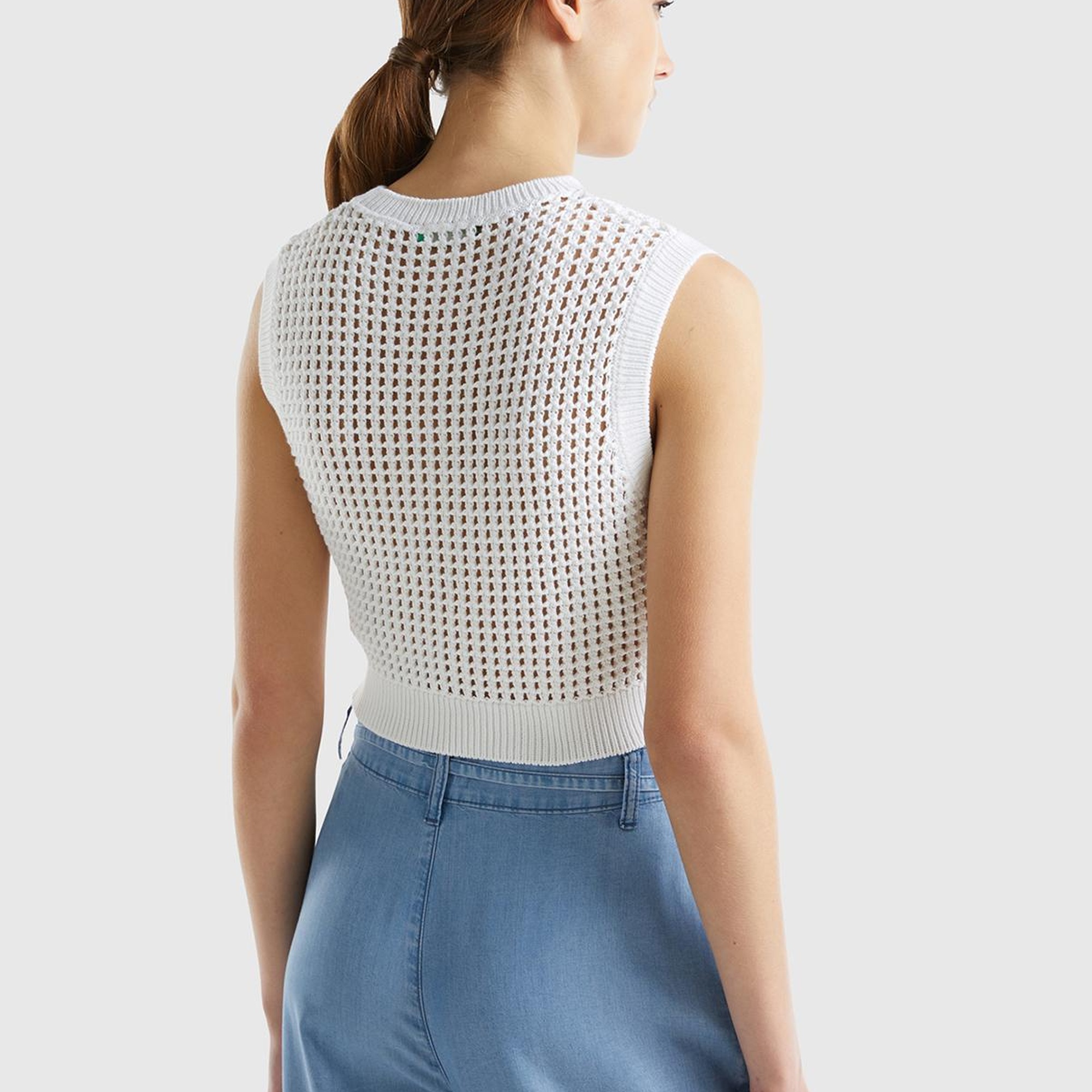 Kadın Beyaz %100 Pamuk Örgü Motifli Kalın Askılı Süveter