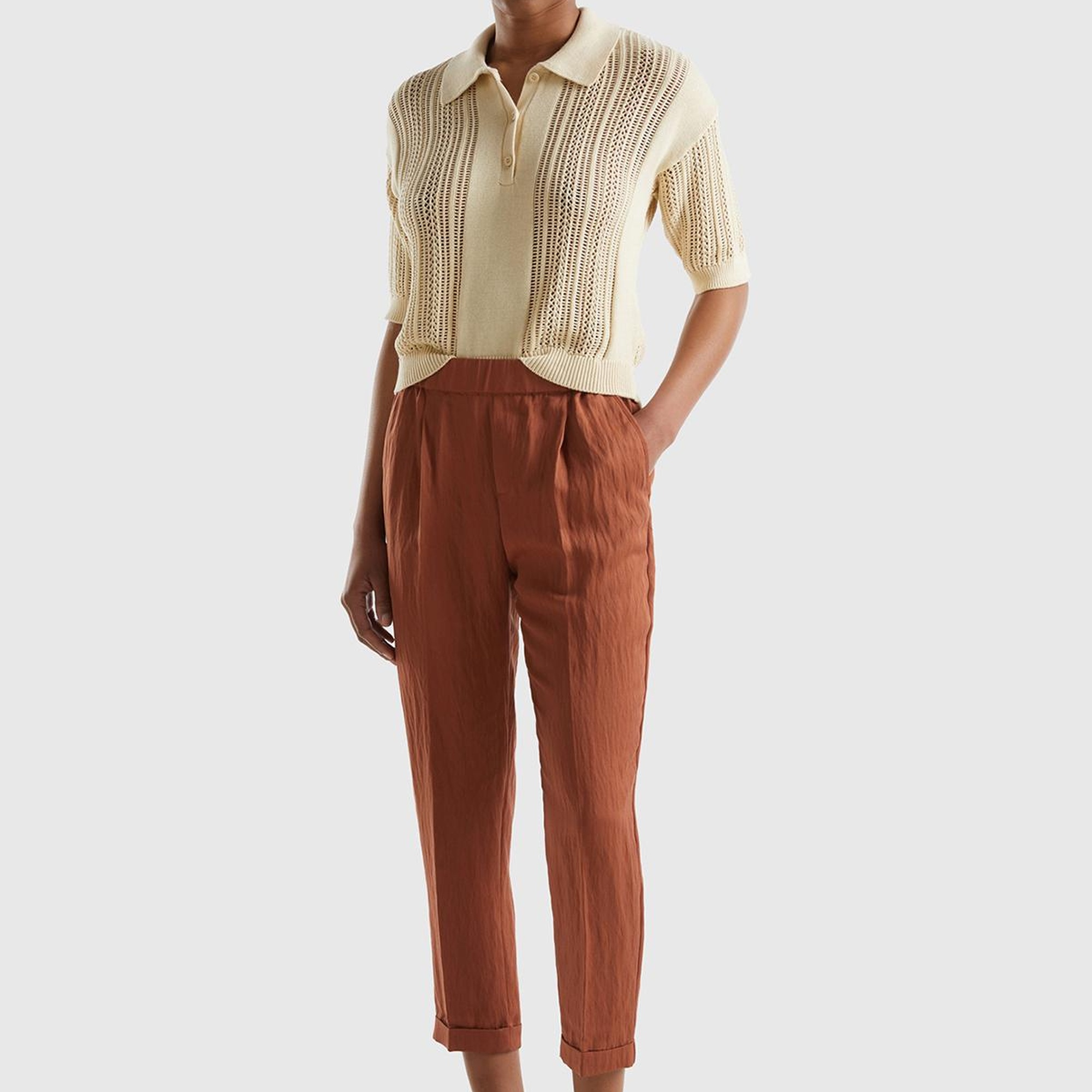 Kadın Bej %100 Pamuk Tığ İşi Kolları Büzgülü Polo Yaka Triko T-Shirt