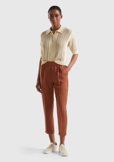  Kadın Bej %100 Pamuk Tığ İşi Kolları Büzgülü Polo Yaka Triko T-Shirt