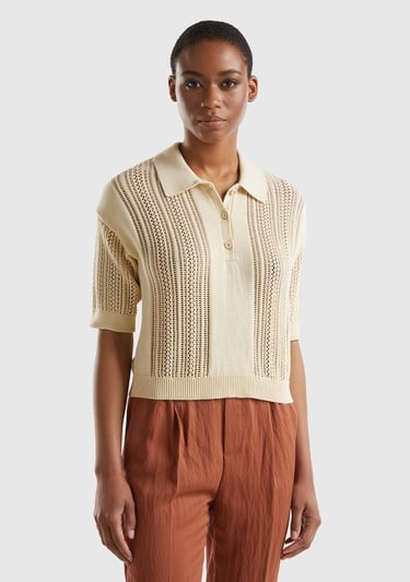  Kadın Bej %100 Pamuk Tığ İşi Kolları Büzgülü Polo Yaka Triko T-Shirt