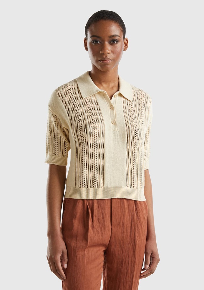  Kadın Bej %100 Pamuk Tığ İşi Kolları Büzgülü Polo Yaka Triko T-Shirt