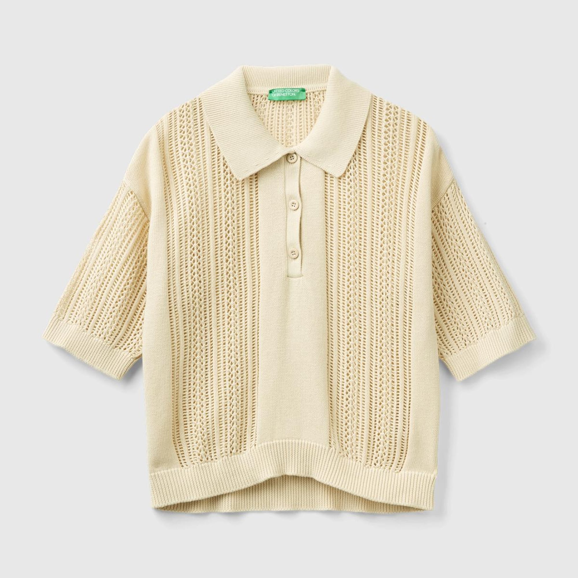 Kadın Bej %100 Pamuk Tığ İşi Kolları Büzgülü Polo Yaka Triko T-Shirt