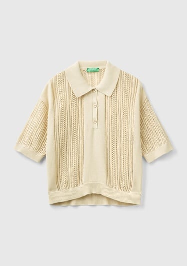  Kadın Bej %100 Pamuk Tığ İşi Kolları Büzgülü Polo Yaka Triko T-Shirt