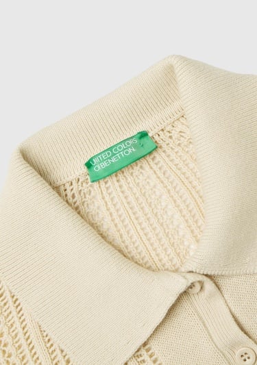  Kadın Bej %100 Pamuk Tığ İşi Kolları Büzgülü Polo Yaka Triko T-Shirt