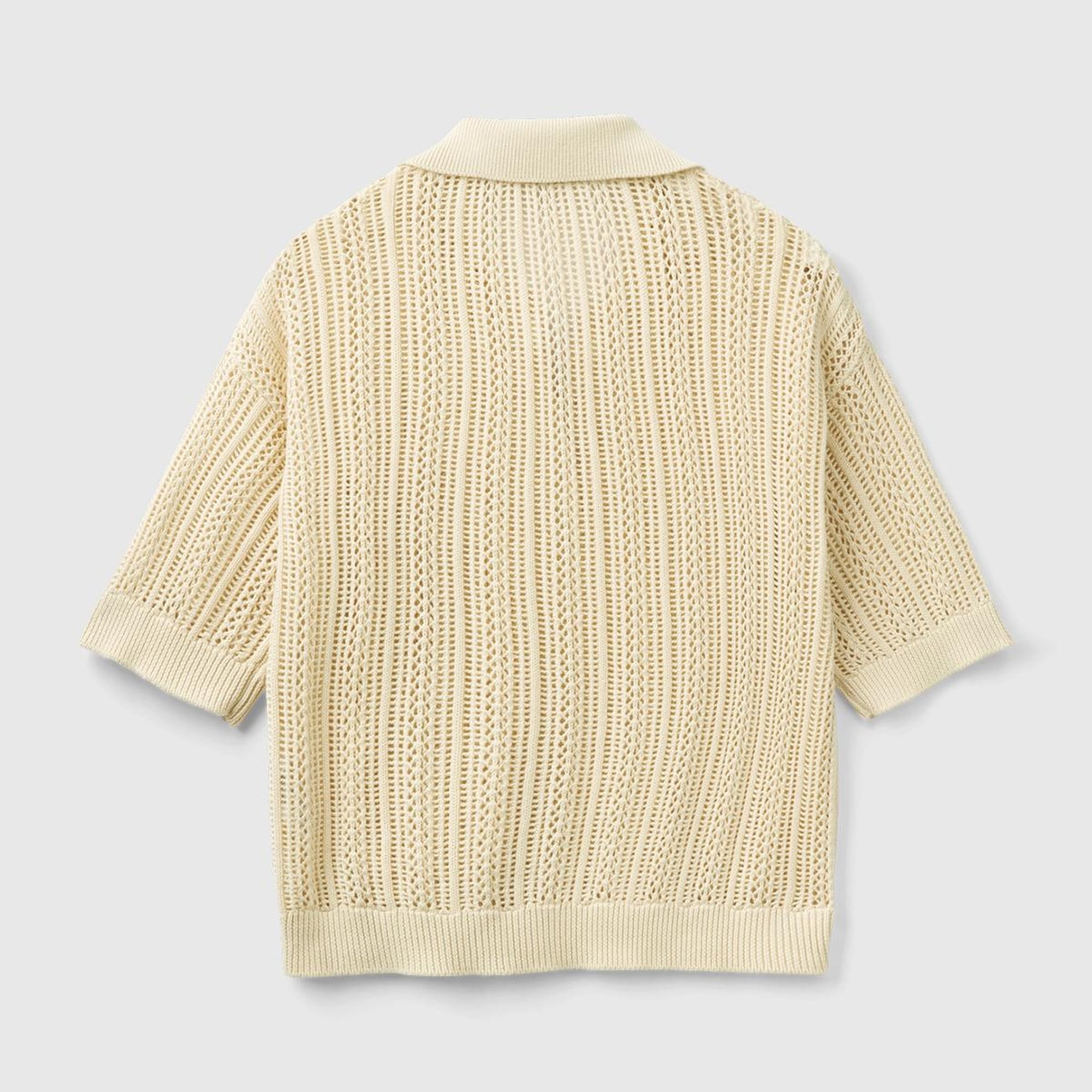 Kadın Bej %100 Pamuk Tığ İşi Kolları Büzgülü Polo Yaka Triko T-Shirt