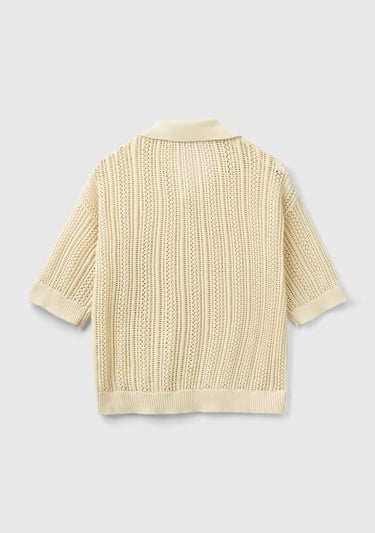  Kadın Bej %100 Pamuk Tığ İşi Kolları Büzgülü Polo Yaka Triko T-Shirt