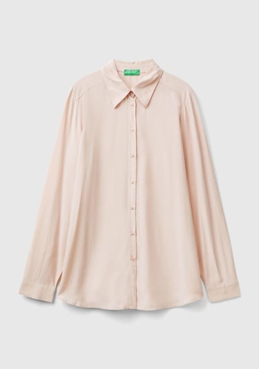  Kadın Toz Pembe %100 Viskoz Etek Ucu Yuvarlak Kesim Düz Gömlek