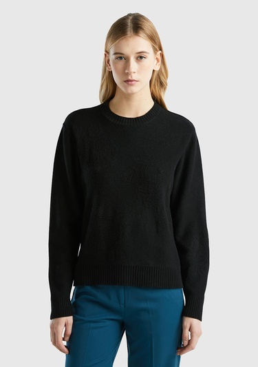  Kadın Siyah Kaşmir ve Yün Karışımlı Baskılı Bisiklet Yaka Kazak