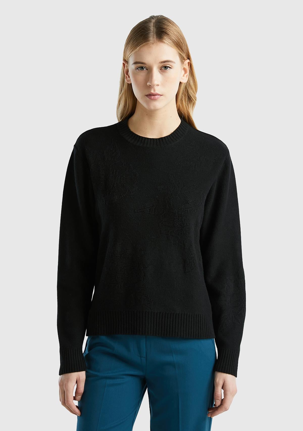  Kadın Siyah Kaşmir ve Yün Karışımlı Baskılı Bisiklet Yaka Kazak