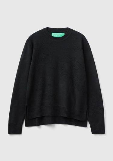  Kadın Siyah Kaşmir ve Yün Karışımlı Baskılı Bisiklet Yaka Kazak