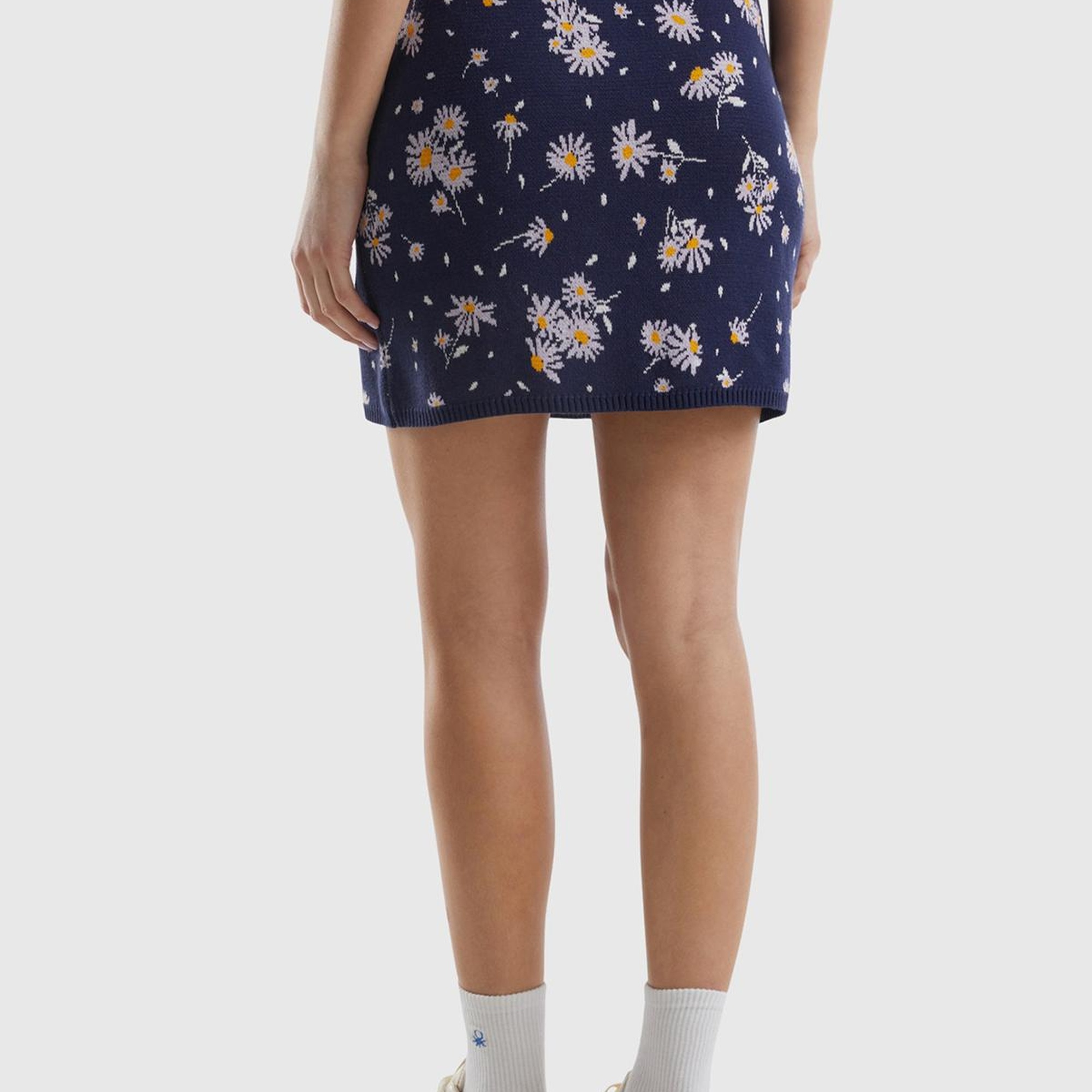 Kadın Koyu Lacivert %100 Pamuk Çiçek Desenli Bel Detaylı Mini Etek