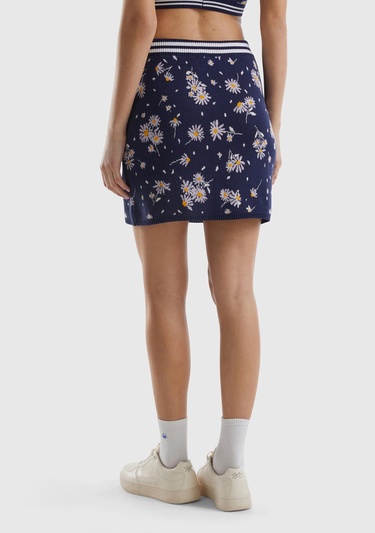  Kadın Koyu Lacivert %100 Pamuk Çiçek Desenli Bel Detaylı Mini Etek
