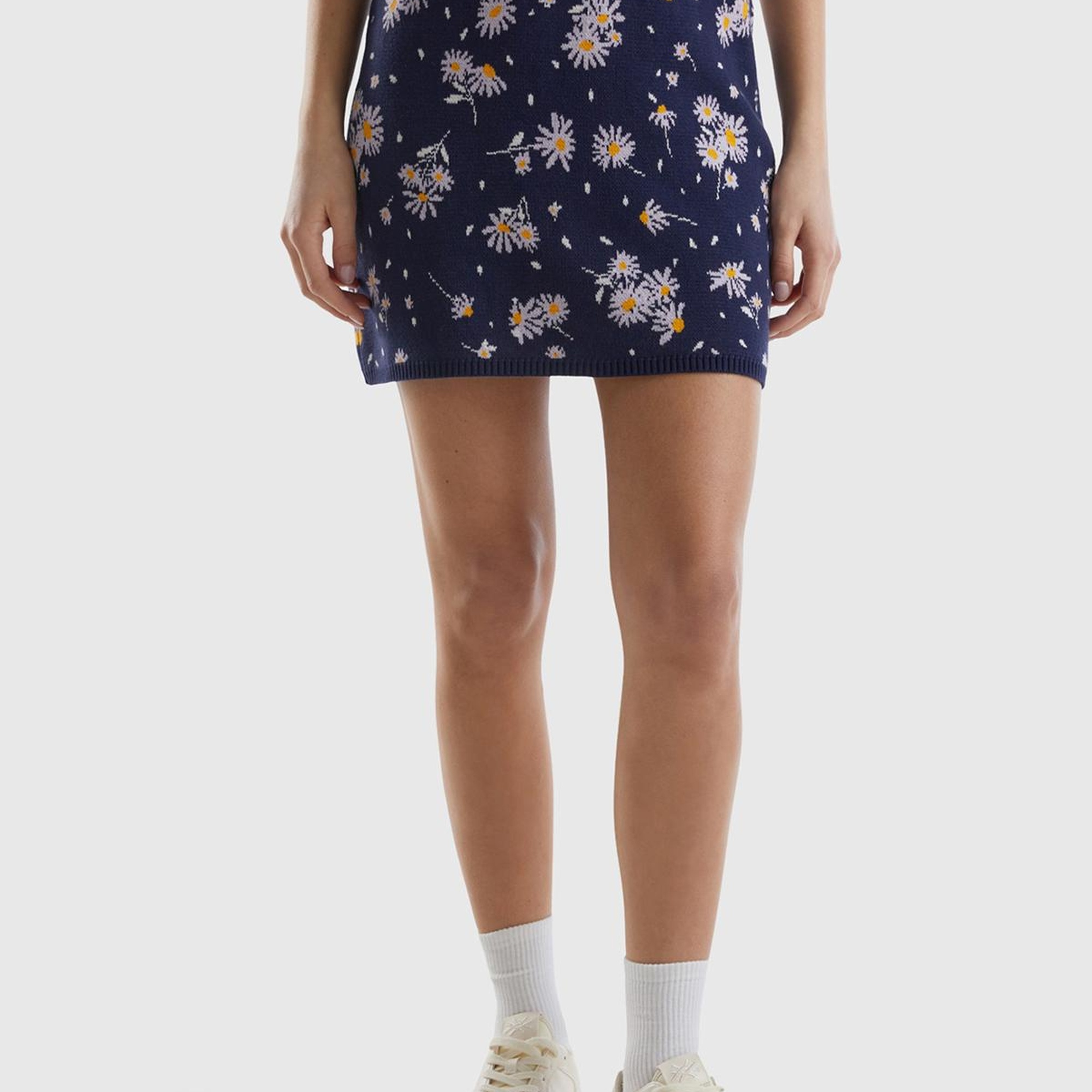 Kadın Koyu Lacivert %100 Pamuk Çiçek Desenli Bel Detaylı Mini Etek