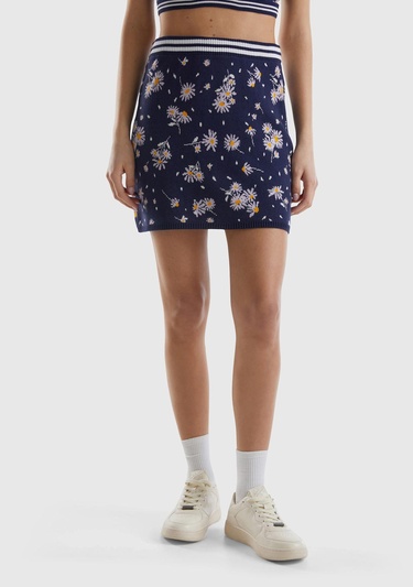  Kadın Koyu Lacivert %100 Pamuk Çiçek Desenli Bel Detaylı Mini Etek
