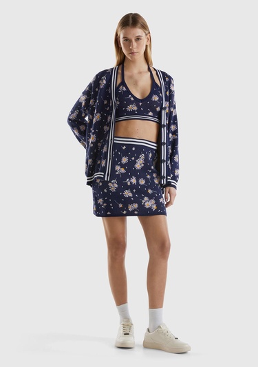  Kadın Koyu Lacivert %100 Pamuk Çiçek Desenli Bel Detaylı Mini Etek