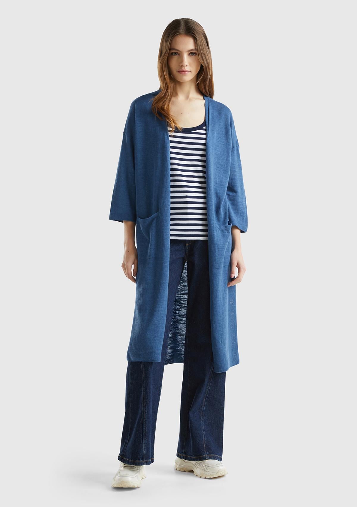  Kadın Gece Mavisi Pamuk Keten Karışımlı Yırtmaçlı Uzun Hırka