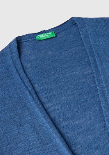  Kadın Gece Mavisi Pamuk Keten Karışımlı Yırtmaçlı Uzun Hırka