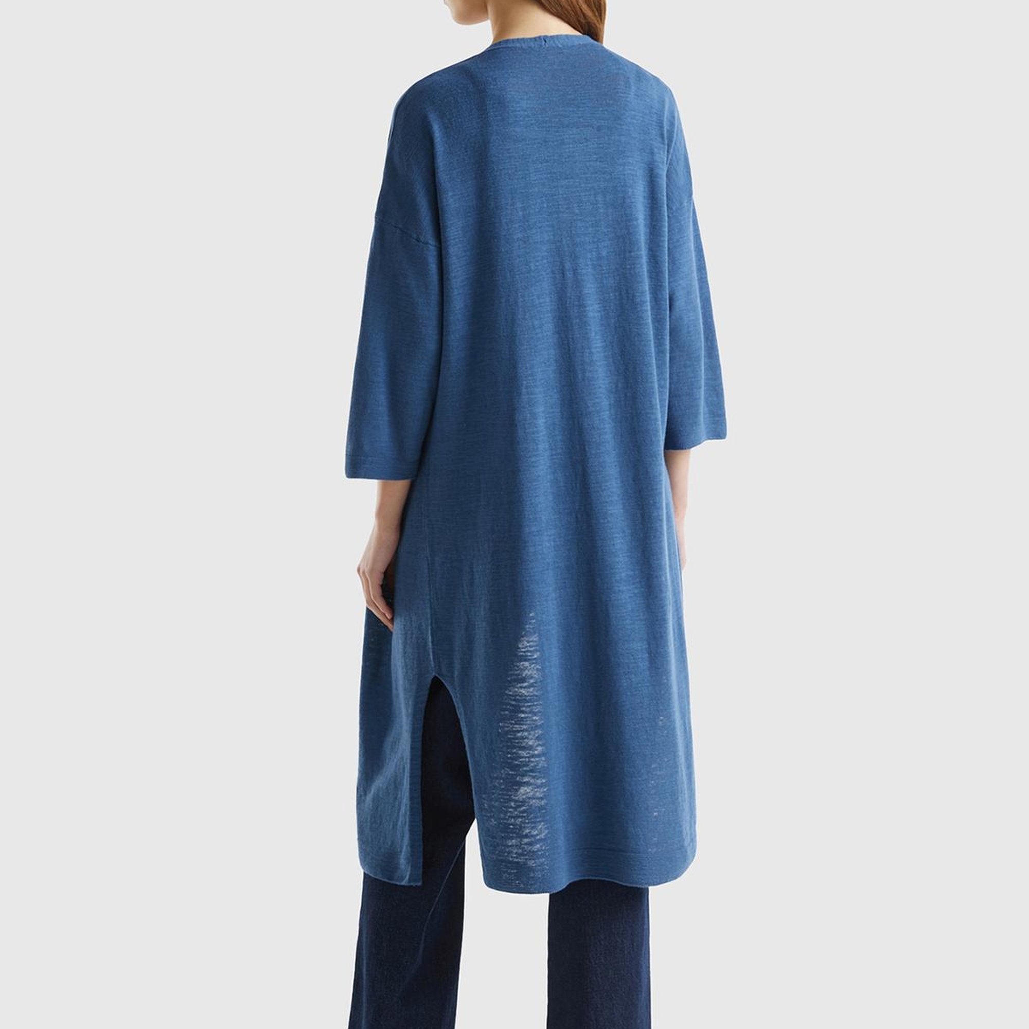 Kadın Gece Mavisi Pamuk Keten Karışımlı Yırtmaçlı Uzun Hırka