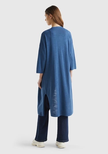  Kadın Gece Mavisi Pamuk Keten Karışımlı Yırtmaçlı Uzun Hırka