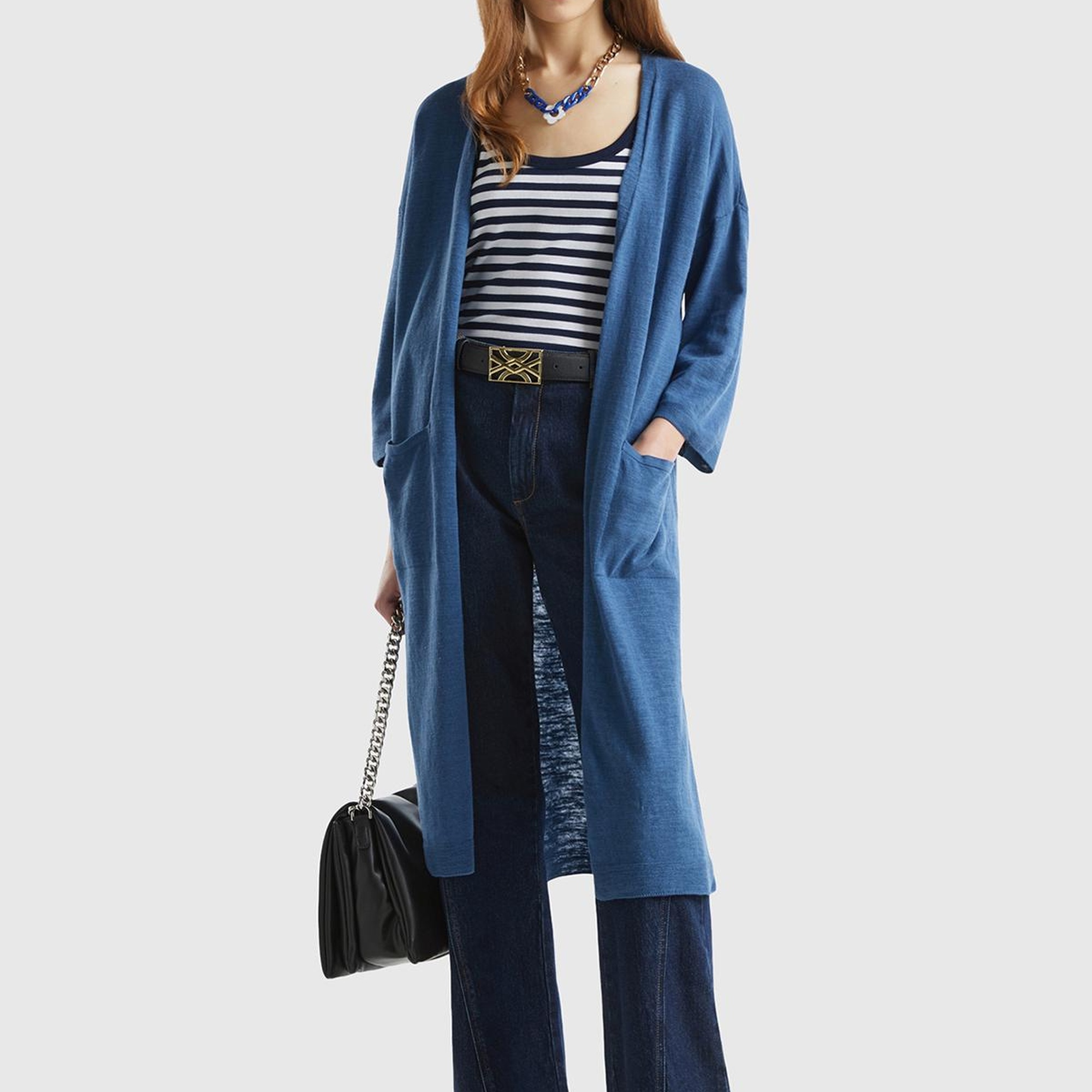 Kadın Gece Mavisi Pamuk Keten Karışımlı Yırtmaçlı Uzun Hırka