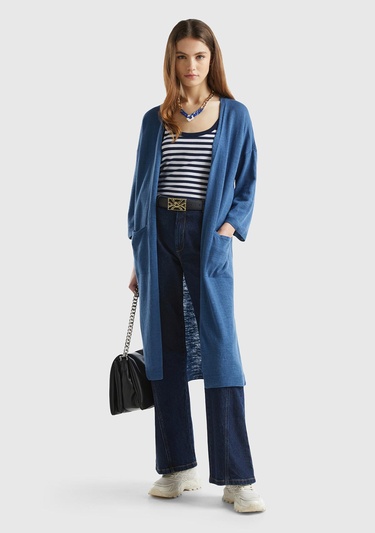  Kadın Gece Mavisi Pamuk Keten Karışımlı Yırtmaçlı Uzun Hırka