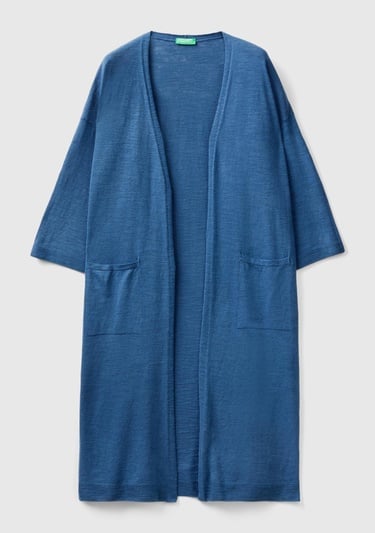  Kadın Gece Mavisi Pamuk Keten Karışımlı Yırtmaçlı Uzun Hırka