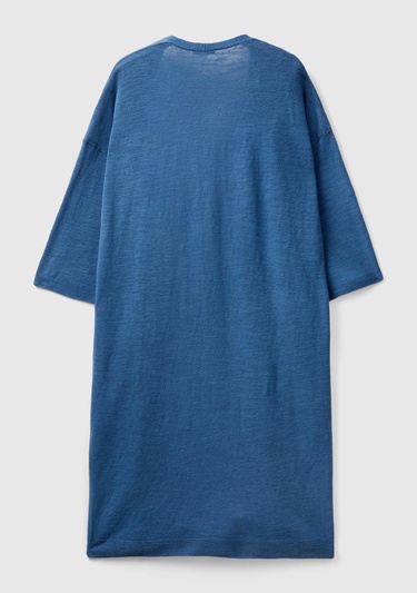  Kadın Gece Mavisi Pamuk Keten Karışımlı Yırtmaçlı Uzun Hırka