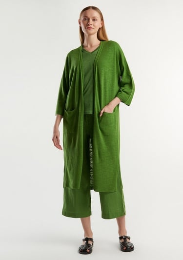  Kadın Soluk Yeşil Pamuk Keten Karışımlı Yırtmaçlı Uzun Hırka