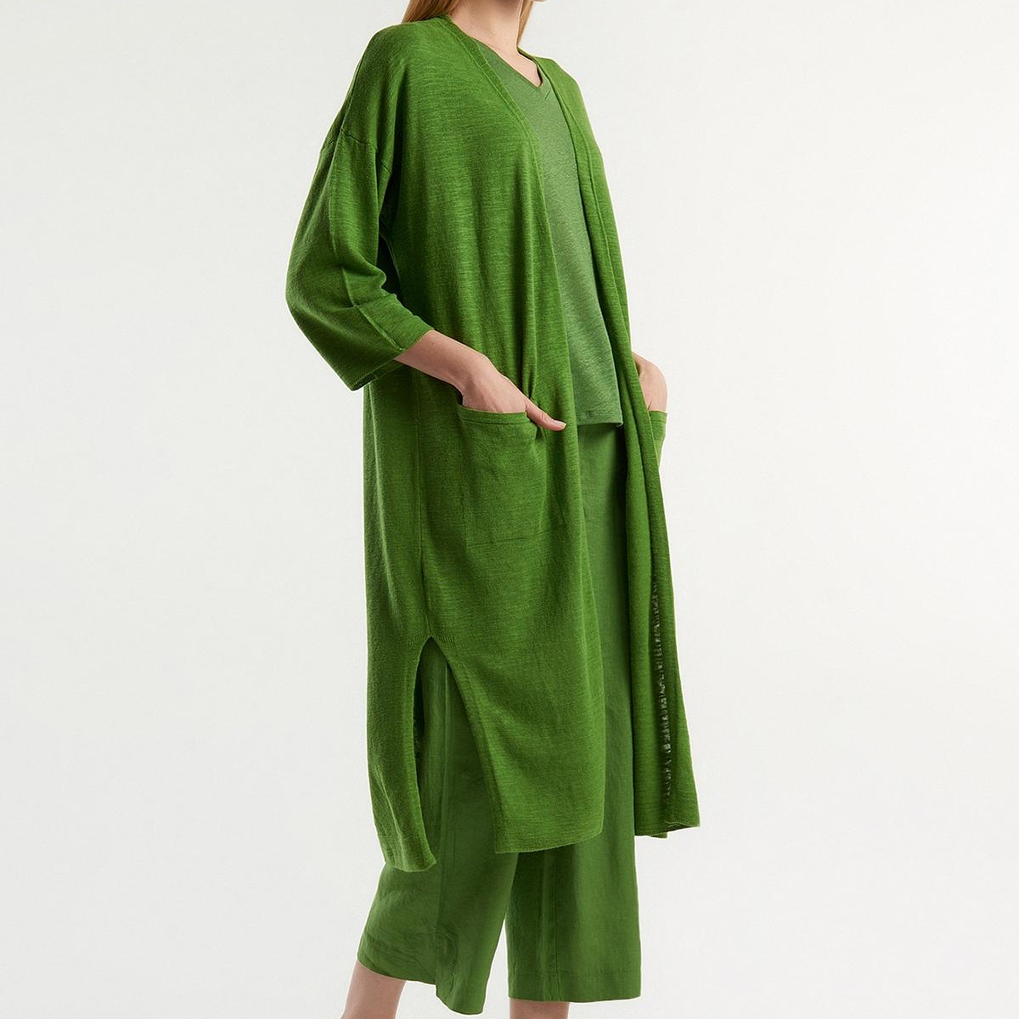 Kadın Soluk Yeşil Pamuk Keten Karışımlı Yırtmaçlı Uzun Hırka