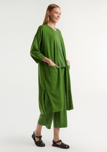  Kadın Soluk Yeşil Pamuk Keten Karışımlı Yırtmaçlı Uzun Hırka