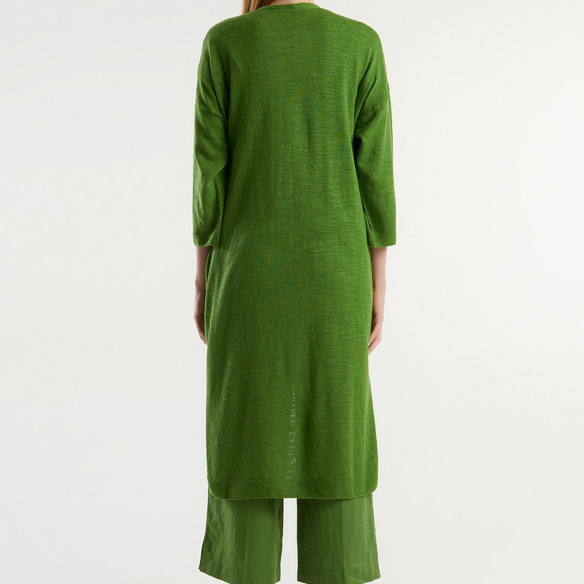 Kadın Soluk Yeşil Pamuk Keten Karışımlı Yırtmaçlı Uzun Hırka