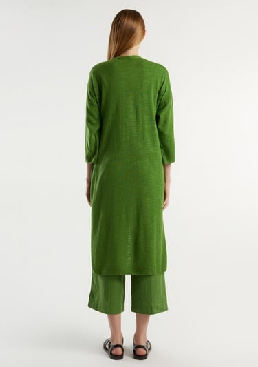  Kadın Soluk Yeşil Pamuk Keten Karışımlı Yırtmaçlı Uzun Hırka