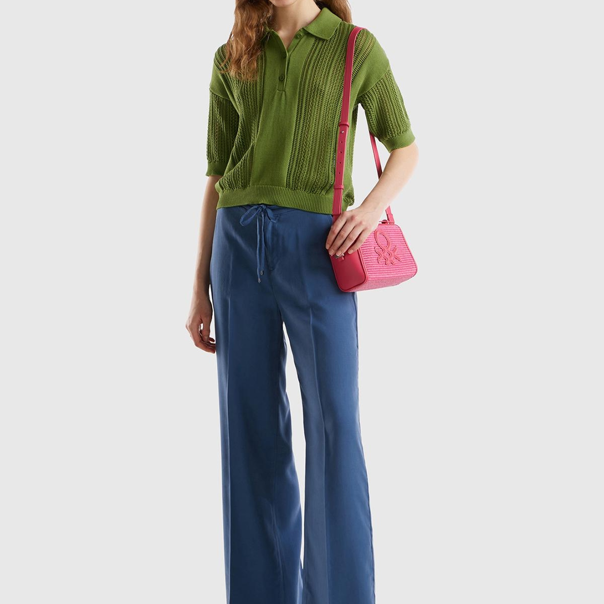 Kadın Soluk Yeşil %100 Pamuk Tığ İşi Kolları Büzgülü Polo Yaka Triko T-Shirt