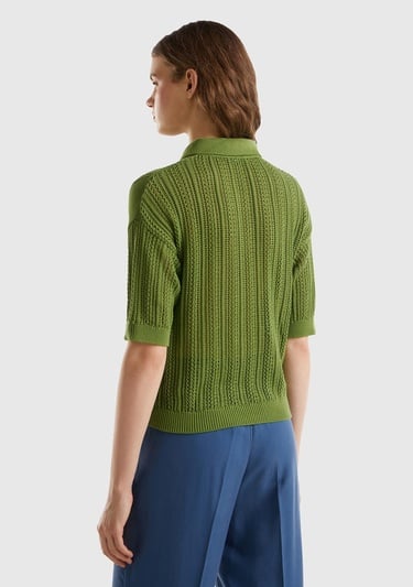  Kadın Soluk Yeşil %100 Pamuk Tığ İşi Kolları Büzgülü Polo Yaka Triko T-Shirt