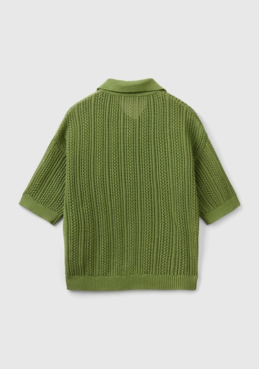  Kadın Soluk Yeşil %100 Pamuk Tığ İşi Kolları Büzgülü Polo Yaka Triko T-Shirt