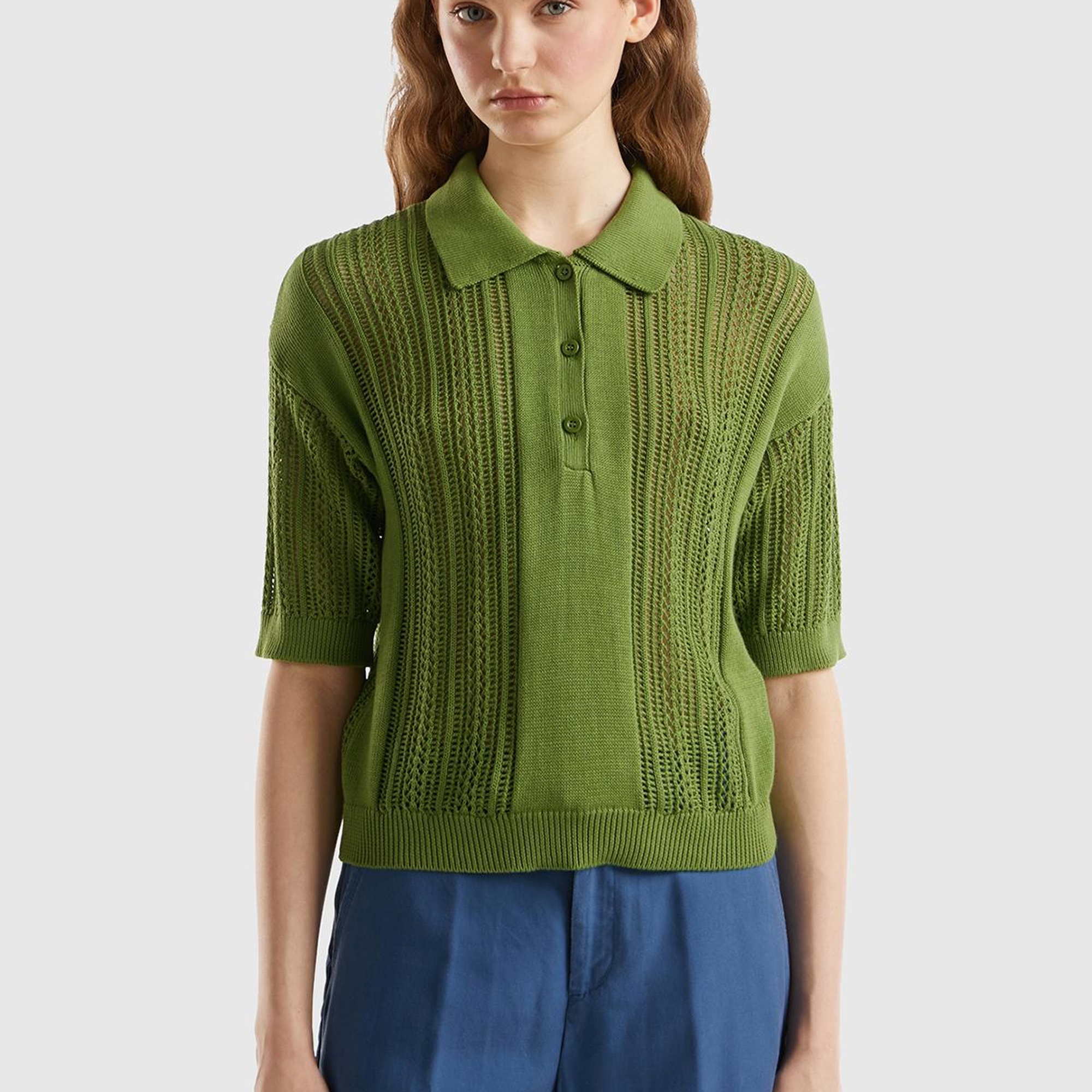 Kadın Soluk Yeşil %100 Pamuk Tığ İşi Kolları Büzgülü Polo Yaka Triko T-Shirt