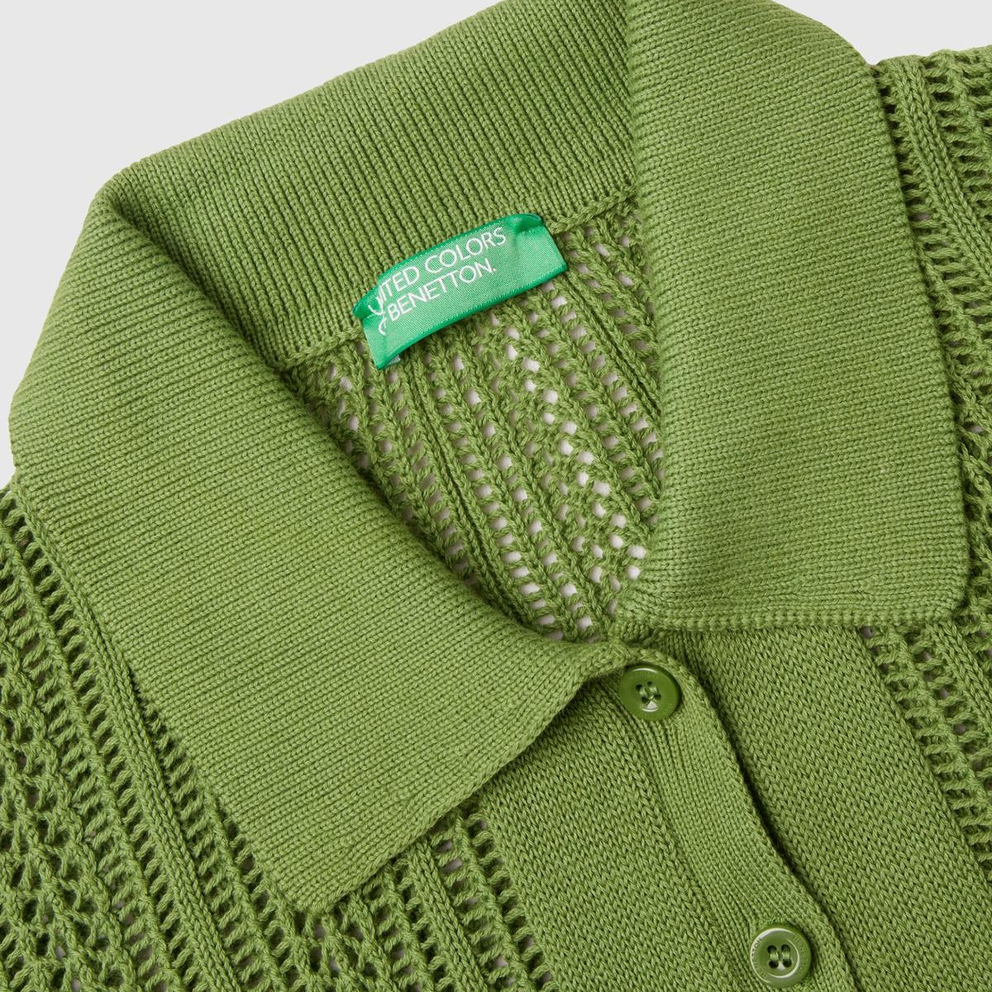 Kadın Soluk Yeşil %100 Pamuk Tığ İşi Kolları Büzgülü Polo Yaka Triko T-Shirt