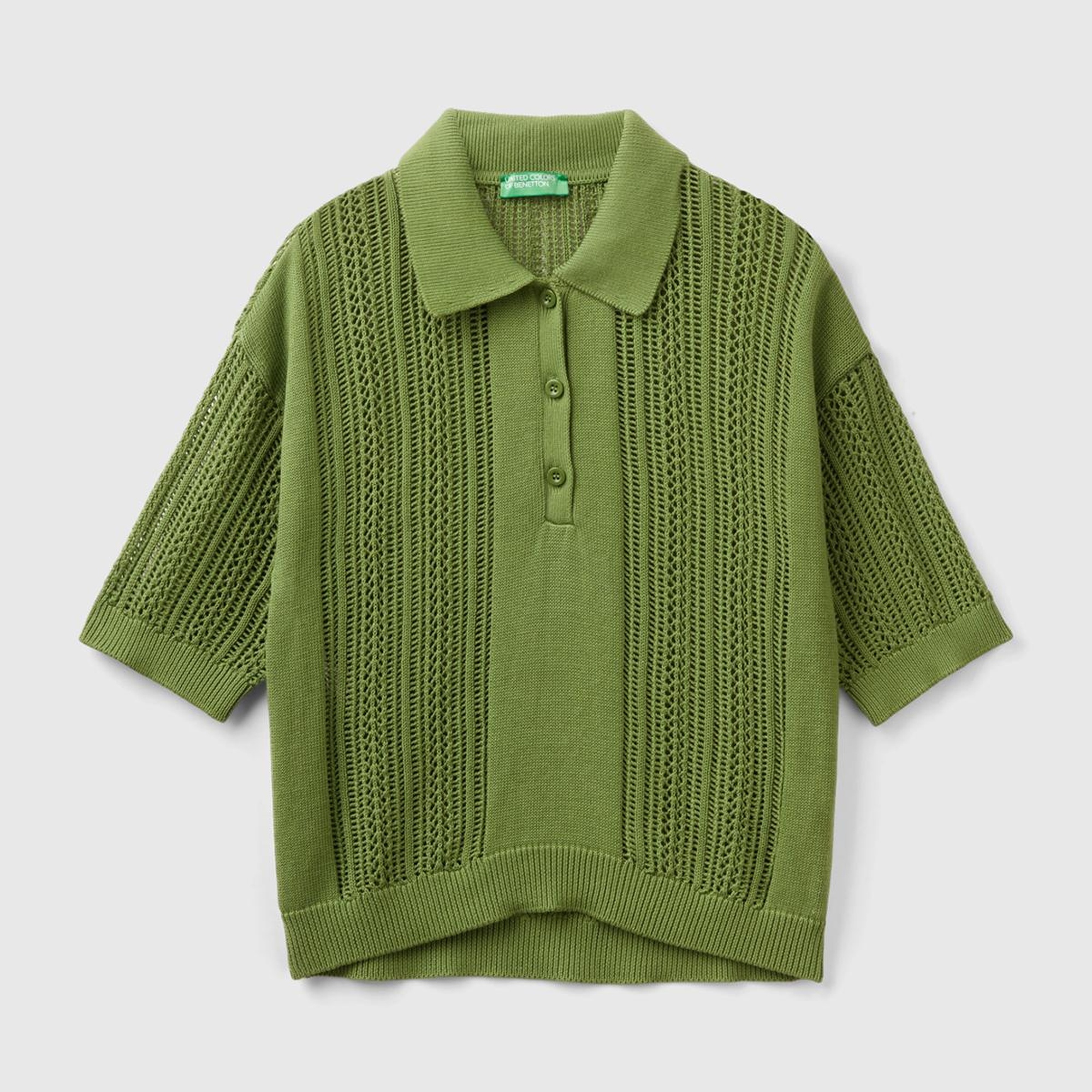 Kadın Soluk Yeşil %100 Pamuk Tığ İşi Kolları Büzgülü Polo Yaka Triko T-Shirt