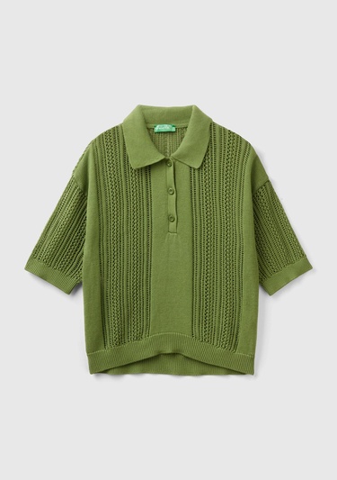  Kadın Soluk Yeşil %100 Pamuk Tığ İşi Kolları Büzgülü Polo Yaka Triko T-Shirt