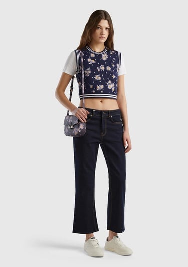  Kadın Koyu Lacivert %100 Pamuk Çiçek Desenli Bisiklet Yaka Crop Süveter