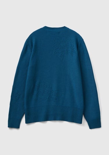  Kadın Petrol Mavisi Kaşmir ve Yün Karışımlı Baskılı Bisiklet Yaka Kazak