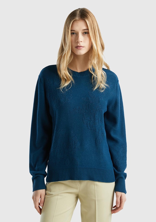  Kadın Petrol Mavisi Kaşmir ve Yün Karışımlı Baskılı Bisiklet Yaka Kazak