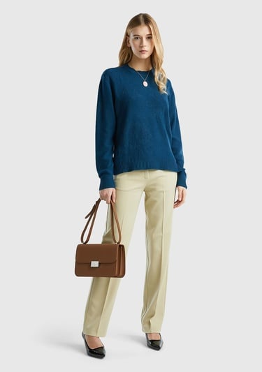  Kadın Petrol Mavisi Kaşmir ve Yün Karışımlı Baskılı Bisiklet Yaka Kazak