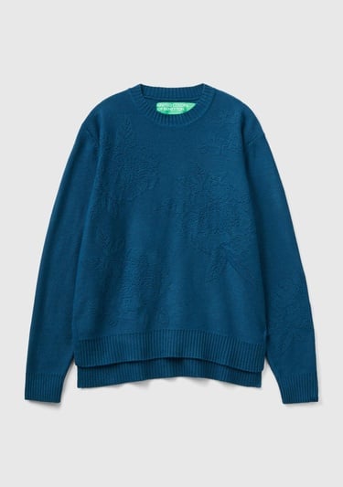  Kadın Petrol Mavisi Kaşmir ve Yün Karışımlı Baskılı Bisiklet Yaka Kazak