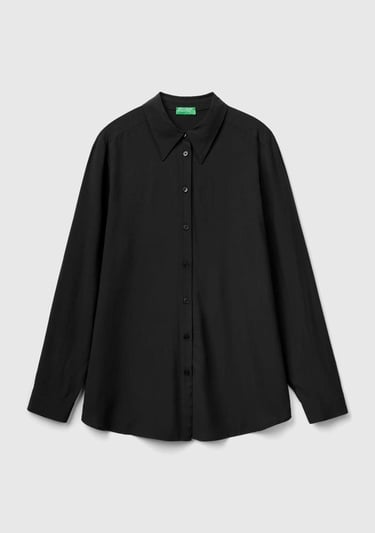  Kadın Siyah %100 Viskoz Etek Ucu Yuvarlak Kesim Düz Gömlek